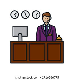 Receptionist behind desk isolated vector illustration for Receptionists Day on May 13th. Friendly and helpful desk clerk with service bell, computer monitor and clocks.