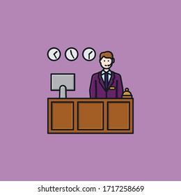 Receptionist hinter einem Schreibtisch Vektorgrafik für Receptionists Day am 13. Mai. Die Lage des Hotels ist sehr zentral.