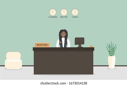 Receptionist black female behind workplace in hotel or bank. Interior of modern reception desk in waiting room or hall in business office with armchair for customers and cute plant.Vector illustration