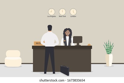 Receptionist black female behind workplace in hotel or bank. Interior of modern reception desk in waiting room or hall in business office. Visitor man speaks to the administrator.Vector illustration