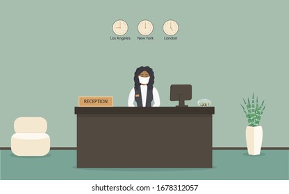 Mujer negra recepcionista con máscara médica protectora detrás del lugar de trabajo en hotel o banco. Interior del moderno mostrador de recepción en la sala de espera o en la oficina de negocios.Ilustración plana vectorial