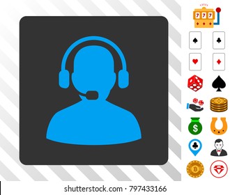 Receptionist blue icon inside gray rounded square with bonus gamble icons. Vector illustration style is flat iconic symbols. Designed for casino software.