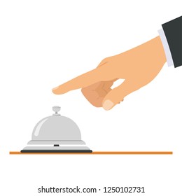 Receptionist Concept. Hotel Service Bell, Reception Bell, Hospital Bell Icon. Concierge, Giving Service. Hand Touching Hotel Bell Service. Vector Illustration. 