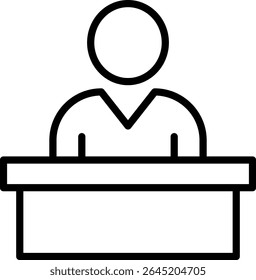Receptionist at Desk Icon: Simple line art icon depicting a receptionist sitting at a desk, representing customer service, help, and support.