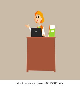 Receptionist Desk In Office Primitive Geometric Cartoon Style Flat Vector Design Isolated Illustration