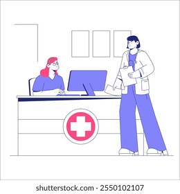 Receptionist And Doctor Discussing Patient Records At Hospital Front Desk In Flat Vector Illustration Symbolizing Healthcare Administration And Coordination, Isolated On White Background