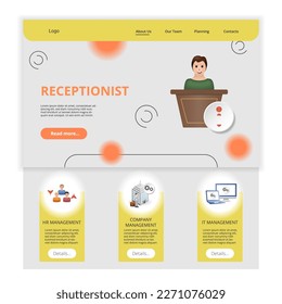 Receptionist flat landing page website template. HR management, company management, IT management. Web banner with header, content and footer. Vector illustration.