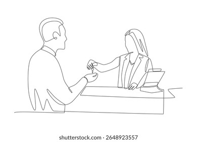 The receptionist gave the room key to the male guest. Checking into a hotel concept one-line drawing