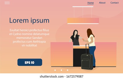 Receptionist give a keycard to client at the lobby hotel counter; Landing page template for business travel