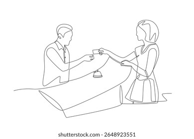 A recepcionista dá a chave do quarto para a convidada. Inscrevendo-se em um desenho de uma linha do conceito de hotel