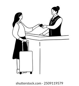Recepcionista dando cartão de chave, ilustração desenhada à mão