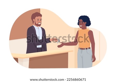 Receptionist giving keys to guest 2D vector isolated illustration. Reserve apartment. Concierge and woman flat characters on cartoon background. Color editable scene for mobile, website, presentation