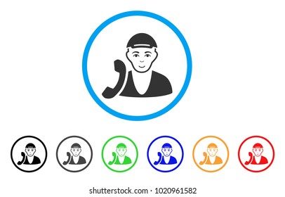 Receptionist Guy rounded icon. Style is a flat receptionist guy gray symbol inside light blue circle with black, gray, green, blue, red, orange variants. Happiness receptionist guy vector icon.