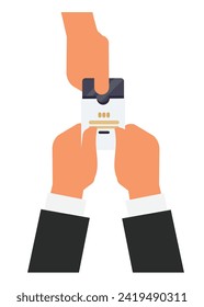 Receptionist hand give room key to a guest. Simple flat illustration.