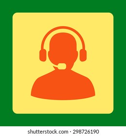 Receptionist icon from Commerce Buttons OverColor Set. Vector style is orange and yellow colors, flat square rounded button, green background.