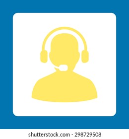 Receptionist icon from Commerce Buttons OverColor Set. Vector style is yellow and white colors, flat square rounded button, blue background.