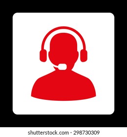 Receptionist icon from Commerce Buttons OverColor Set. Vector style is red and white colors, flat square rounded button, black background.