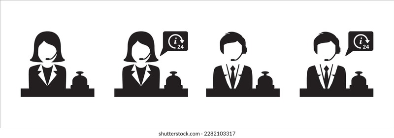 Receptionist icon. Hotel customer service vector icons. Help and information call center sign. Front officer desk waiter symbol. Stock illustration.
