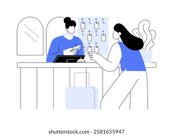 Receptionist isolated cartoon vector illustrations. Smiling hotel receptionists give a key and provide info to clients, hospitality business, professional people, travel service vector cartoon.