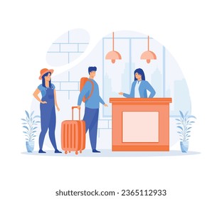 trabajo recepcionista. Gerente de consultoría de clientes en recepción. Visitantes registrando en el hotel, vector plano ilustración moderna