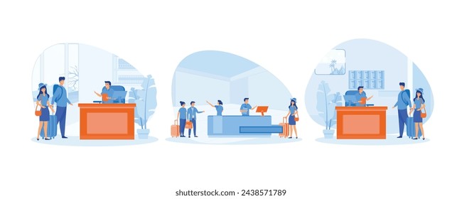 Concepto de trabajo recepcionista. El recepcionista da la bienvenida al huésped. Gente alojándose en un hotel moderno. Conjunto vector plano ilustración moderna 