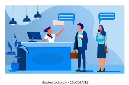 Receptionist job vector illustration. Customers consulting manager at reception. Tourists checking in to hotel, standing at desk in lobby