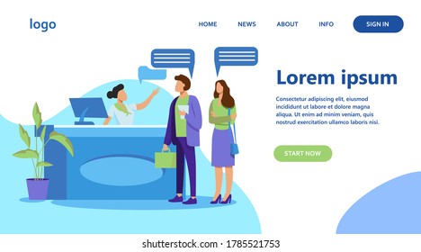 Receptionist job vector illustration. Customers consulting manager at reception. Tourists checking in to hotel, standing at desk in lobby