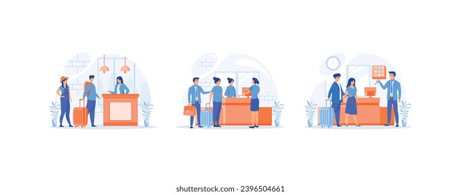 Receptionist job.  Receptionist welcomes the guest. Hotel scene with couple registration. Set flat vector modern illustration  