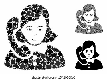 Receptionist mosaic of rough parts in variable sizes and color tones, based on receptionist icon. Vector unequal parts are organized into collage. Receptionist icons collage with dotted pattern.