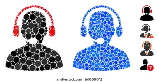 Receptionist mosaic of round dots in various sizes and color tones, based on receptionist icon. Vector round dots are composed into blue mosaic. Dotted receptionist icon in usual and blue versions.