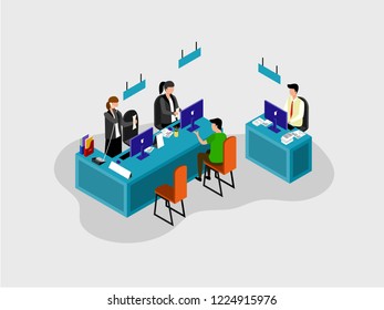 Receptionist Office Illustrator. llustration of vector composition and infographics elements with Customer serivice support team and its workplace.