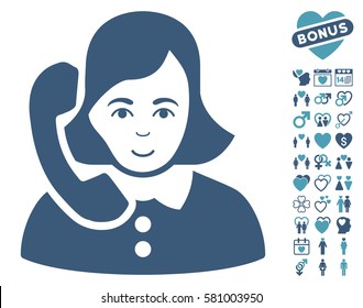 Receptionist pictograph with bonus dating pictograms. Vector illustration style is flat iconic cyan and blue symbols on white background.