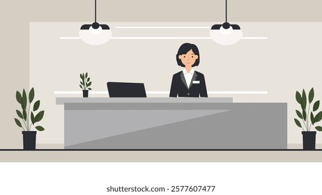 A receptionist in a professional suit working at a clean, modern front desk with indoor plants in a corporate office