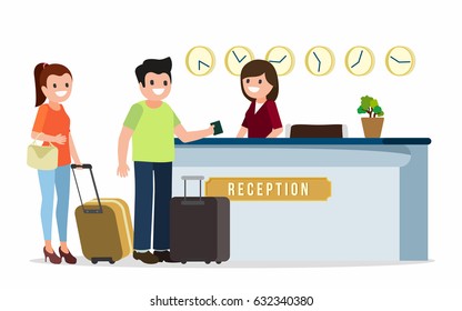 Receptionist at a reception desk, talking to guests of hotel, vector illustration