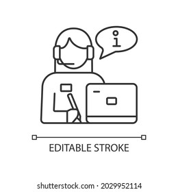 Receptionist RGB linear icon. Greeting guests and visitors. Answer phone calls. Lobby front desk. Thin line customizable illustration. Contour symbol. Vector isolated outline drawing. Editable stroke