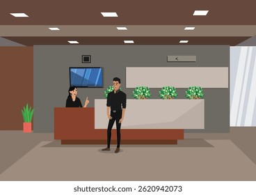A receptionist is sitting behind a desk, talking to a visitor standing in front. The room looks modern and clean. Vector Flat Illustration