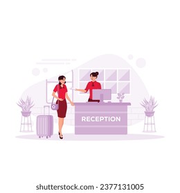 The receptionist smiled, stood at the counter, and gave documents to hotel guests. Hotel Receptionist Concept. Trend Modern vector flat illustration