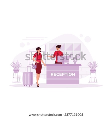 The receptionist smiled, stood at the counter, and gave documents to hotel guests. Hotel Receptionist Concept. Trend Modern vector flat illustration