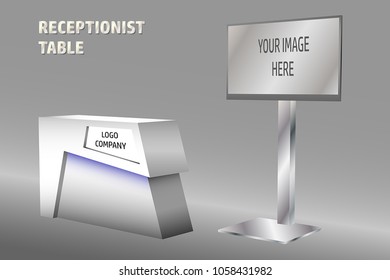Receptionist table modern style for exhibition with standing LED TV and downlight blue color. Vector editable.