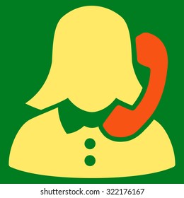 Receptionist vector icon. Style is bicolor flat symbol, orange and yellow colors, rounded angles, green background.