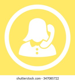 Receptionist vector icon. Style is flat rounded symbol, white color, rounded angles, yellow background.