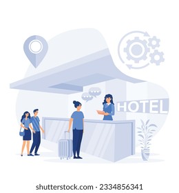 Receptionist welcomes the guest, Check into hotel. Hostel interior with administrator.  flat vector modern illustration