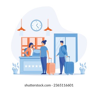 Receptionist welcomes the guest. Woman with suitcases is standing at reception desk. Check into hotel. flat vector modern illustration 