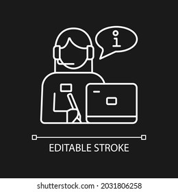 Receptionist white linear icon for dark theme. Greeting guests and visitors. Answer phone calls. Thin line customizable illustration. Isolated vector contour symbol for night mode. Editable stroke