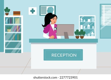 Receptionist working on computer at hospital. Staff nurse using computer.