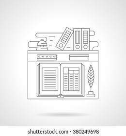 Receptionist Workplace. Open Guest Book And Feather-pen, Bell And Folders. Hotel Services. Tourism And Travel.  Single Detailed Flat Line Vector Icon. Web Design Elements For Business, Site, Mobile. 