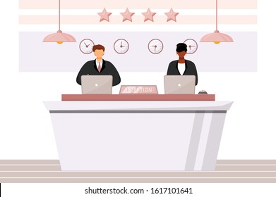 Receptionists at front desk flat color vector illustration. Multicultural hotel staff. Guest registration area, lobby. Reception workers isolated cartoon characters on white background