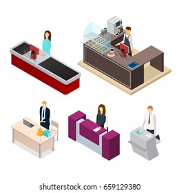 Receptionists People Set Cashier, Barista, Secretary or Registrar Isometric View at Workplace Equipment. Vector illustration