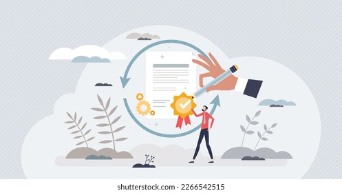 Recertification as diploma for competence and experience tiny person concept. Official skill and ability proof renewal from association vector illustration. Achievement document and work quality audit