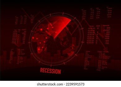 Recession 2023. Radar display of graphs and stock market slump showing global economic crisis in 2023. Effects of inflation, war, epidemic. Vector EPS10